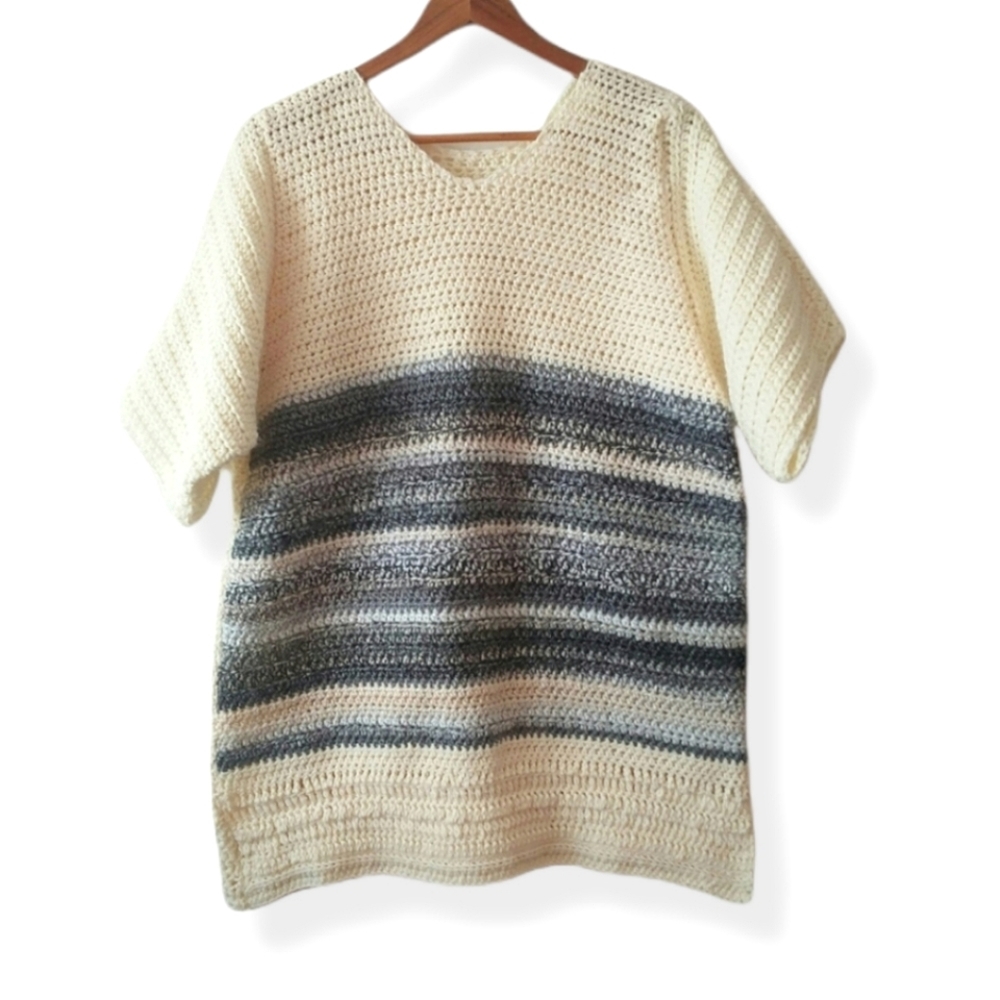 Hand Knit Short Sleeve Cream & Grey Blue Stripped Tunic Sweater